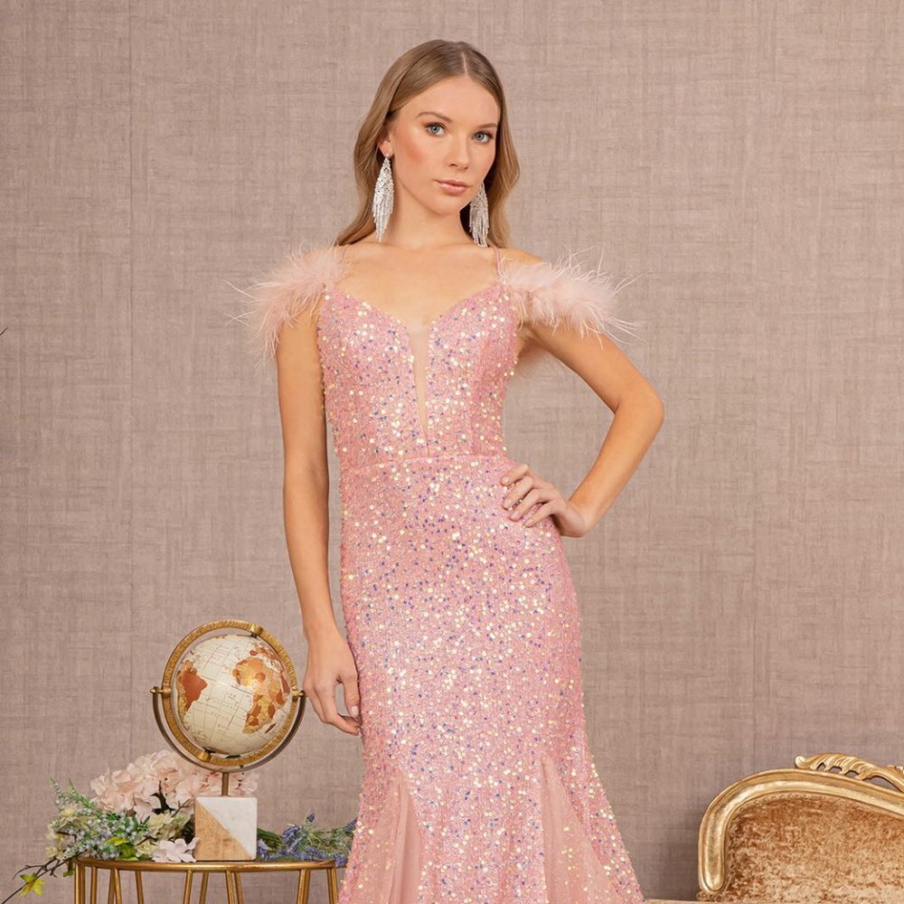 NEW LONG OFF THE SHOULDER SLEEVELESS MERMAID EMBROIDERED SEQUIN DRESS GL3130